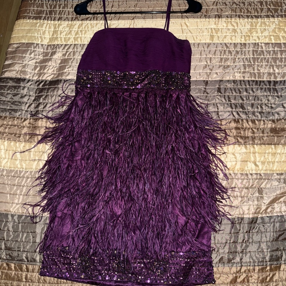 Sue Wong Nosturne Purple feather satin dress with sequins. Worn only once!